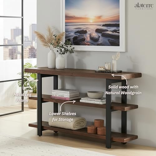 Alaterre Furniture Pomona Living Room Collection – 3-Tier Solid Wood Media Console Table with 2 Open Shelves and Metal Legs - Rustic Industrial Farmhouse TV Stand and Storage Console (Rustic Brown) Alaterre Furniture