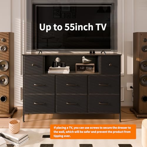 Fixwal Dresser for Bedroom with Power Outlets and LED Lights, Black 55" TV Stand with 8 Drawers, Fabric Chest of Drawers with PU Finish for Living Room, Entryway Fixwal
