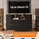 Fixwal Dresser for Bedroom with Power Outlets and LED Lights, Black 55" TV Stand with 8 Drawers, Fabric Chest of Drawers with PU Finish for Living Room, Entryway Fixwal