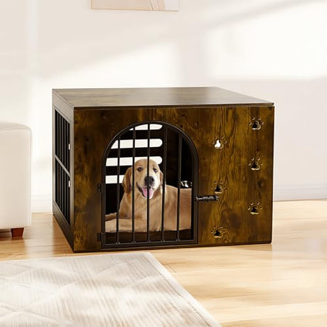Coolsheepsia Dog Crate Furniture for Small Medium Dogs, Heavy Duty Wood Metal Indoor Dog Kennel with Bowls, Decorative Pet Cage Dog House as TV Stand, Brown Coolsheepsia