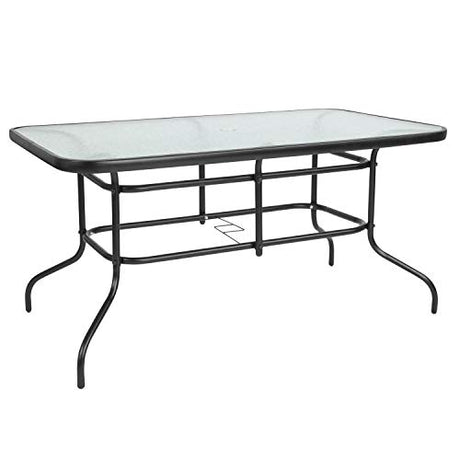Flash Furniture Tory 31.5" x 55" Rectangular Tempered Glass Metal Patio Table with Umbrella Hole, Modern Rippled Glass Outdoor Dining Table, Black Flash Furniture