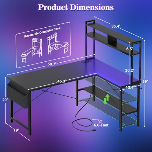 Aheaplus L Shaped Desk Gaming Desk, 59" L Shaped Computer Desk with LED Light & Power Outlet, Reversible Home Office Desk Gamer Desks with Shelves & Storage Bag & Hooks, Corner PC Desk, Black Aheaplus