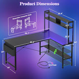 Aheaplus L Shaped Desk Gaming Desk, 59" L Shaped Computer Desk with LED Light & Power Outlet, Reversible Home Office Desk Gamer Desks with Shelves & Storage Bag & Hooks, Corner PC Desk, Black Aheaplus