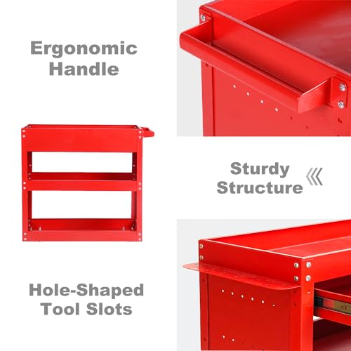BRLJUNEO 3-Tier Tool Cart with Drawer, Heavy Duty Steel Utility Cart, 450 Lbs Load Capacity, Red BRLJUNEO