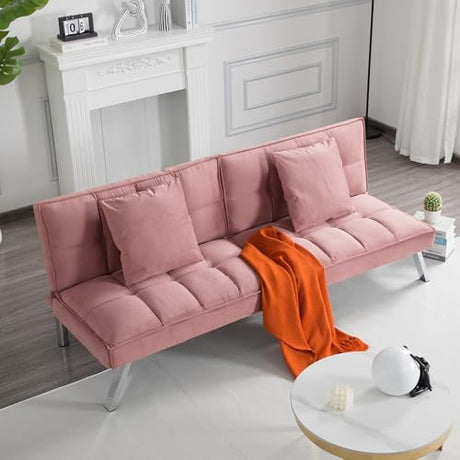 68" Modern Futon Sofa Bed,Convertible Sleeper Bed Couch with 4 Reclining Backrest with 2 Pillows,Comfy Velvet Cloud Sofa Loveseat for Living Room Bedroom Office (Rose Red) Jum Blueemo
