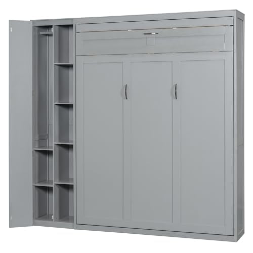 Harper & Bright Designs Queen Size Murphy Bed Wall Bed with Storage Shelves, Wardrobe and LED Lights, Space-Saving for Multipurpose Guest Room or Home Office, Gray Harper & Bright Designs