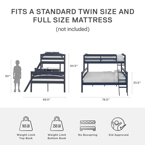 DHP Brady Twin Over Full Solid Wood Bunk Bed with Ladder and Guard Rail in Graphite DHP