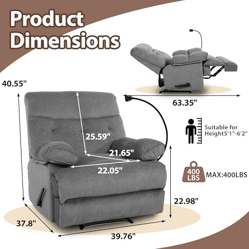 Chizzyseat Manual Oversized Recliner Chair for Heavy Duty Adults 400lbs Extra Wide Recliner with Phone Holder Big Man Recliners for Living Room Bedroom Nursery RV Dark Grey