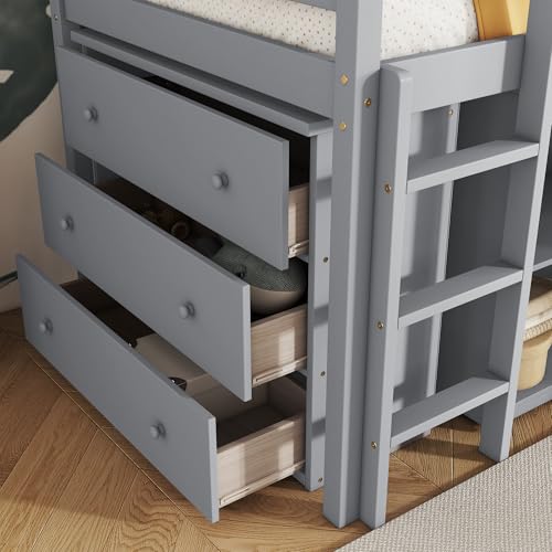 Ball & Cast Twin Loft Bed with Drawer Cabinet and Pulling -Out Desk,Rubber Wood Bed Frame w/Safety Guardrail & Ladder,Space-Saving Furniture for Girls Boys Student Dorms,Grey Ball & Cast