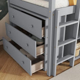 Ball & Cast Twin Loft Bed with Drawer Cabinet and Pulling -Out Desk,Rubber Wood Bed Frame w/Safety Guardrail & Ladder,Space-Saving Furniture for Girls Boys Student Dorms,Grey Ball & Cast