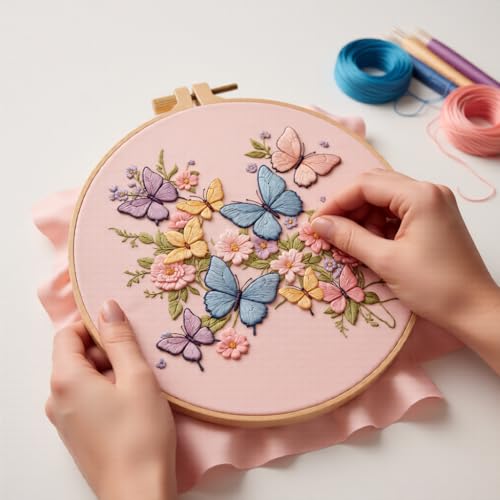 Embroidery Kit for Beginners & Adults Starter Kit, Cross Stitch Kits,DIY Hand Embroidery Needlepoint Set with Hoop, Pre-Printed Fabric, Threads and Instructions (Butterfly)