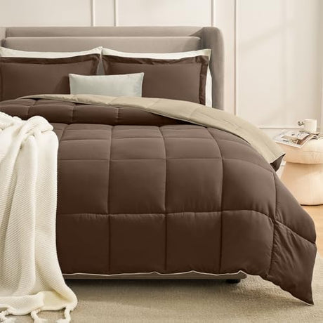Homelike Moment Queen Comforter Set Brown, Comforters Queen Size Set Lightweight Reversible Down Alternative Bed Comforter Full Size Soft, All Season 3 Pieces Sets Brown/Beige Homelike Moment