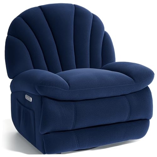EONIX Dual Motor Power Swivel Rocking Recliner Chair for Living Room, Armless Oversized Shell Shape Lazy Boy Rocker Recliner, Plush Fabric Thickened Cushion, Elevated Soft and Comfort, Navy Blue