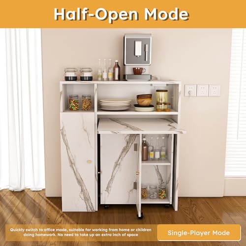 Montary Multifunctional Folding Dining Table with Wall-Mounted Sideboard & Storage for Small Apartments, Movable Kitchen End Table Extendable Dining Table Set for 2-6 People, White Montary