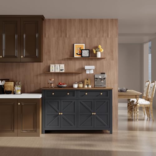 Cakhdry 55" Sideboard Buffet Cabinet with Storage, Large Kitchen Storage Cabinet with 2 Drawers and 4 Barn Doors, Farmhouse Coffee Bar Buffet Table for Kitchen Living Room Room, Black Cakhdry