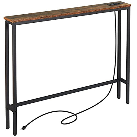 ELYKEN 5.9" Narrow Console Sofa Table with Power Outlets and USB Port, 5.9" Dx39.4 Wx31.1 H Long Behind Couch Table with Metal Frame and 6.5’ Extension Cord, Rustic Brown ELYKEN