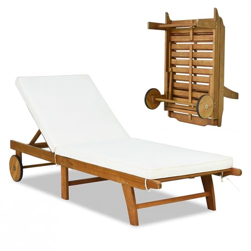 Tangkula Folding Lounge Chair Outdoor, Patio Eucalyptus Wood Chaise Lounge with 5-Level Adjustable Backrest & Cushions, Portable Beach Pool Sunbathing Recliner with Wheels for Outside (1,Off White)