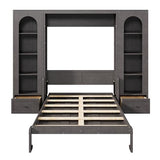 Merax Queen Size Murphy Platform Bed with Shelf, Side Cabinets, Drawers and LED, Gray Merax