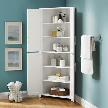 Crosley Furniture Savannah Traditional Corner Pantry Storage Cabinet with Shelves, Kitchen, Dining, Laundry, White Crosley Furniture