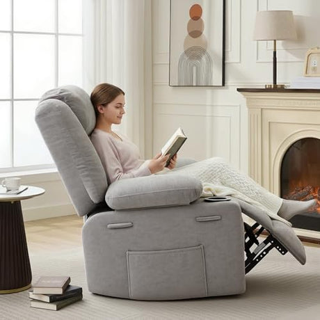 GAOHAPPY Swivel Rocker Recliner Chair, Manual Recliner Single Sofa with Cup Holders and Side Pocket, Chenille Fabric, Upholstered Nursery Rocking Chair for Living Room, Bedroom, Grey GAOHAPY