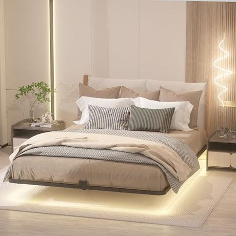Samhapyrom Full Floating Bed Frame with LED Lights, Heavy Duty Metal Platform Bed with Anti-Slip Mattress Holder, Easy Assembly, No Box Spring Needed, Noise Free for Bedroom Samhapyrom