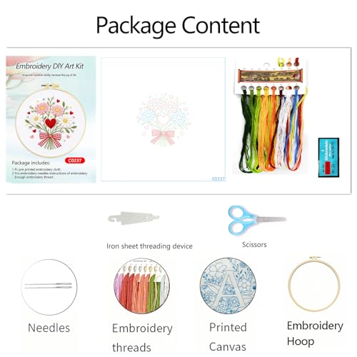 Zhenqing Love Heart Bouquet Embroidery Kit for Beginners, Pre-Printed 29x29cm Cotton Fabric with 20cm Hoop, Sweet Floral Design with Bow and Daisies (C0237)