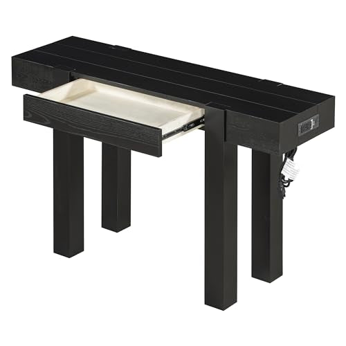 Aiuyesuo Rustic Minimalist Console Table with Hidden Drawer, Wood Entryway Table with Side Power Outlet for Entryway, Living Room and Home Office (Black-X210) Aiuyesuo