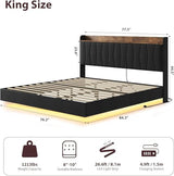 Garvee King Size Floating Bed Frame with LED Lights and Storage Headboard, King Upholstered Metal Platform Bed with Charging Station, Linen Fabric, No Box Spring Needed, Easy Assembly, Black Garvee