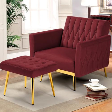 ACMEASE Velvet Accent Chair with Adjustable Armrests and Backrest, Button Tufted Lounge Chair, Single Recliner Armchair with Ottoman and Pillow for Living Room, Bedroom, Red ACMEASE