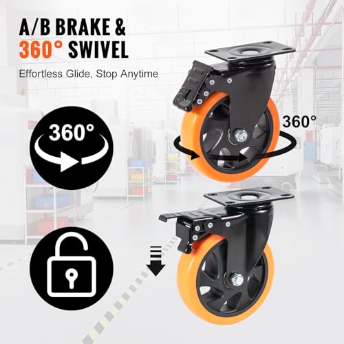 VEVOR Caster Wheels, 5-inch Swivel Plate Casters, Set of 4, with Security A/B Locking No Noise PVC Wheels, Heavy Duty 1800 lbs Load Capacity, Non-Marking Wheels for Cart Furniture Workbench VEVOR