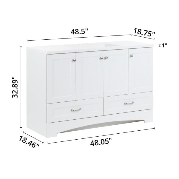 Spring Mill Cabinets Emlyn 48 Inch Bathroom Vanity with White Single Sink Top, 3 Cabinets, 2 Shelves, 2 Drawers, 48.5" W x 18.75" D x 32.89" H, White