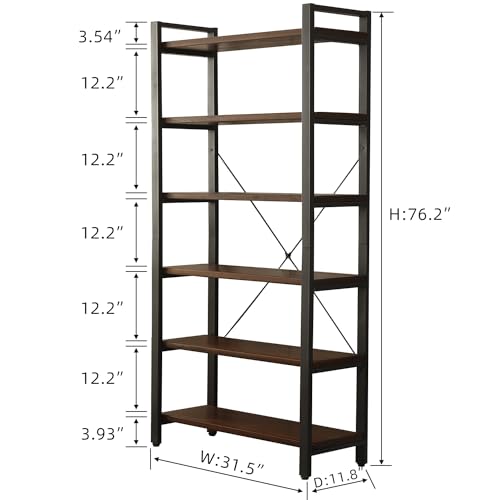 Rustic Brown 6-Tier Solid Wood Industrial Bookcase with Metal Frame - WoodArtSupply