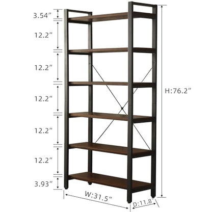 Rustic Brown 6-Tier Solid Wood Industrial Bookcase with Metal Frame - WoodArtSupply