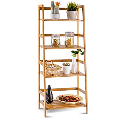 COSTWAY 47.5'' Natural Bamboo 4-Tier Ladder Shelf - Stylish Storage and Display Rack - WoodArtSupply