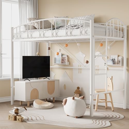 IDEALHOUSE Loft Bed Twin Size with Ladder and High-Arched Guardrail, Sturdy Metal Slats, Space-Saving Design, Modern Decor Style, Easy Assembly, No Box Spring Needed, Safe for Kids/Adults, White IDEALHOUSE