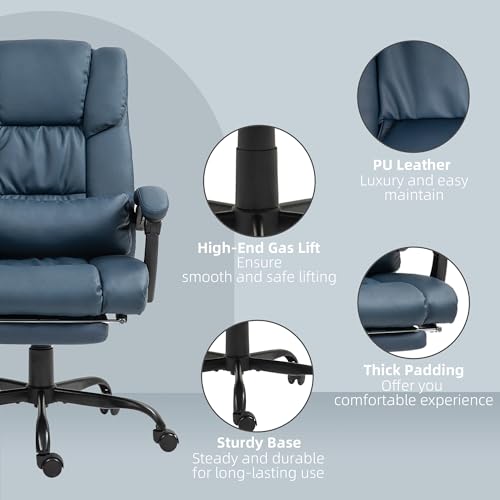 Vinsetto High Back Massage Office Chair with 6 Vibration Points, PU Leather Reclining Computer Chair, Ergonomic Desk Chair with Footrest Adjustable Height and Remote, Blue Vinsetto