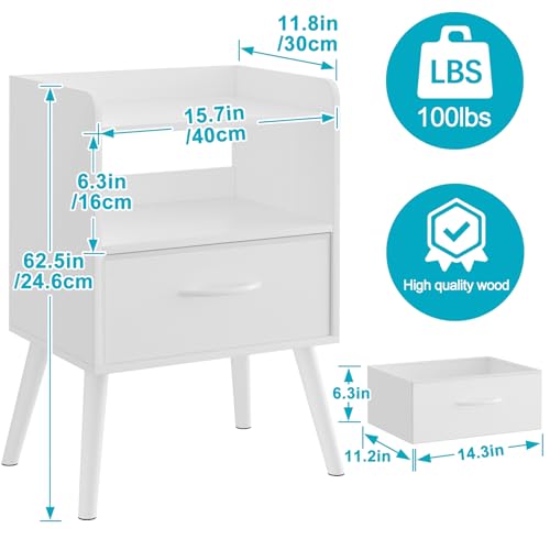 White Nightstand with Open Shelf,Small Night Stand Bedroom Bedside Table with Drawer Storage,Side Table End Table with Solid Wood Feet,Mid Century Night Stands for Office Home Sofa Couch(White) Huhote