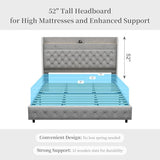 Queen Led Bed Frame with Galaxy Aurora Star Projector, Queen Platform Bed with Charging Station, 52" Upholstered Hidden Storage Headboard with Wingback, Noise Free, No Box Spring Needed, Velvet Gray SIBEDS