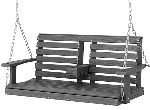 KINGYES Outdoor Hanging Porch Swing, 2 Seat Patio Swing Chair with Cup Holders, Waterproof Swing Chair Bench for Courtyard & Garden, 660LBS Weight Capacity, Gray KINGYES