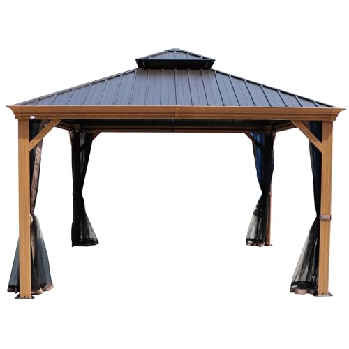 Kozyard Apollo 12’x12’ Hardtop Gazebo, Wooden Coated Aluminum Frame Canopy with Galvanized Steel Double Roof, Outdoor Permanent Metal Pavilion with Netting for Patio, Deck and Lawn (12ft x 12ft) Kozyard