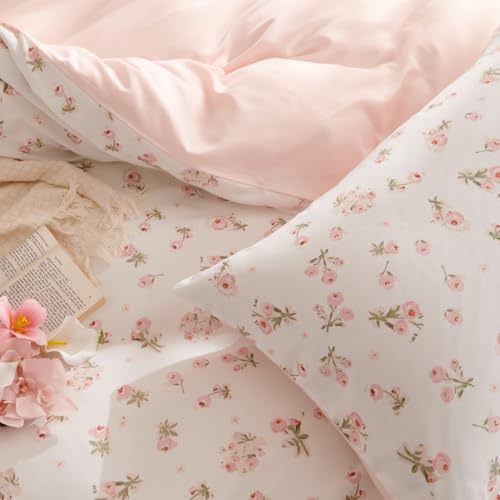 Erwinmu Floral Comforter Set Queen Size - 3 Pieces Pink White Floral Comforter Bedding Sets Reversible Pattern,Queen Bed in a Bag with Flowers Comforter and 2 Pillowcases Erwinmu