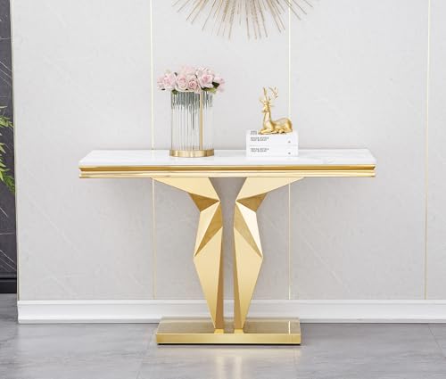 Faux Marble Console Table, 47" Entryway Tables Narrow Entry Table with 0.71" Thick Marble Tabletop and Gold Stainless Steel Base, Luxury Modern Cocktail Center Table for Office Living Room Kootlena