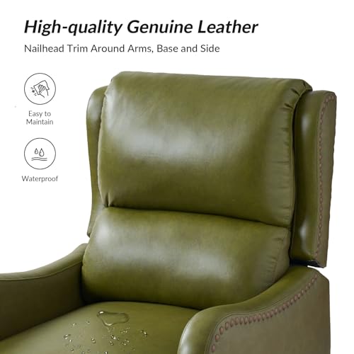 HULALA HOME Genuine Leather Recliner Chair, Modern Push Back Recliner Armchair with Thick Seat, Backrest & Footrest, Nailhead Decor for Living Room, Bedroom, Olive