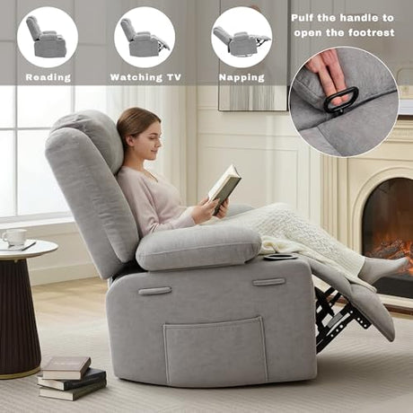 GAOHAPPY Swivel Rocker Recliner Chair, Manual Recliner Single Sofa with Cup Holders and Side Pocket, Chenille Fabric, Upholstered Nursery Rocking Chair for Living Room, Bedroom, Grey GAOHAPY