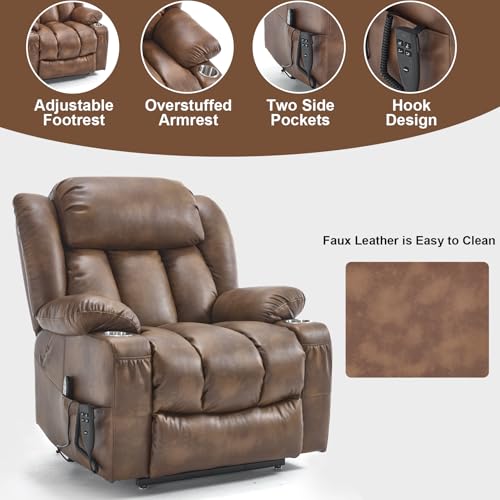 RHHVVR Electric Lift Chair Oversized, Dual Motor Power Lift Recliner Faux Leather Sofa with 8-Point Vibration Massage and Lumbar Heating, Stainless Steel Cup Holders for Elderly, Medium-Firm, Brown RHHVVR