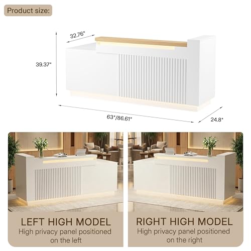 ZIMASYA 86.6" L-Shaped Reception Desk with Counter, Modern Commercial Front Desk with Power Outlets, Combination Lock Drawers, LED Lights for Office, Beauty Salon, Retail Store, White