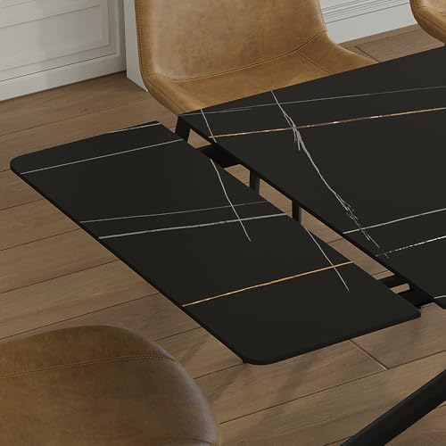 Runboll Extendable Rectangular Dining Table Set for 8, 47"-71" Modern Sintered Stone Kitchen Table with 8 Chairs and Carbon Steel Legs for Dining Room Family Gathering Runboll