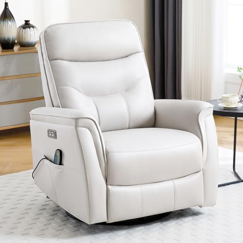 choairy Recliner Chair for Adults, Power Faux Leather Rocker Recliner Massage and Heat, Oversized Swivel Reclining Nursery Chair with USB Ports for Living Room, Office Beige