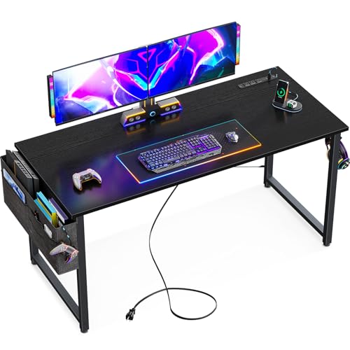 KKL Small Desk with Power Outlets and USB Port Computer Desk for Home Office Gaming Simple Modern Style Writing Desks with Storage Bag Headphone Hook, 48 inch, Black KKL