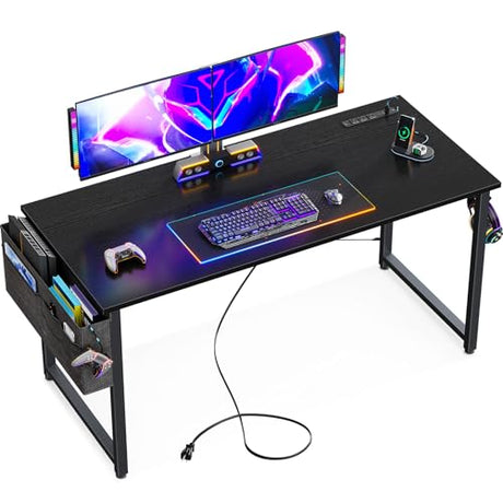 KKL Small Desk with Power Outlets and USB Port Computer Desk for Home Office Gaming Simple Modern Style Writing Desks with Storage Bag Headphone Hook, 48 inch, Black KKL